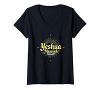 Yeshua Messiah Radiant Faith Homme Inspiration chrétienne T-Shirt avec Col en V, Femme, Noir, XXL