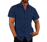 YESOK 2023 Chemise Coton Lin Homme Ete Manches Courtes Décontractée Couleur Unie Col V Léger Bussiness Ample Grande Taille Respirant Plage Hauts Vacances Classiques T Shirt