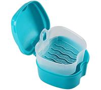 Yessetry Boîte de rangement pour prothèses dentaires avec passoire, boîte de rangement pour dents avec panier en filet pour voyage Bleu