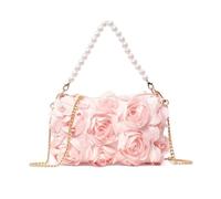 Yestree Women's Clutch Bag, 3D Floral Pattern Chiffon Evening Bag, Pearl Top Handle Bag for Wedding, Prom, Party (Pink)