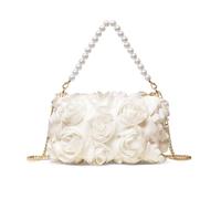 Yestree Women's Clutch Bag, 3D Floral Pattern Chiffon Evening Bag, Pearl Top Handle Bag for Wedding, Prom, Party (Beige)