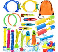 Yetech 28pcs Jouet de Plongée, Jouets de Natation pour Piscine de Plongée,Anneaux de Plongée,Torpedo Bandits,Filet de pêche,Sac de Rangement,Pistolet à Eau,Jouet sous Eau été Jeux pour Enfant