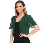 Boléro pour femme en mousseline de soie douce ouverte sur le devant transparent à manches courtes pour robe de soirée, vert foncé, Large