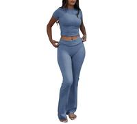 YETOWA Tenue 2 pièces pour femmes Legging évasé taille basse Haut à manches courtes Doux et extensible Ensemble de détente Yoga Décontracté, Medium
