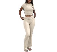 YETOWA Tenue de détente 2 pièces pour femme - Haut à manches courtes - Taille basse - Legging évasé - Ensemble de yoga, Ensemble manches courtes kaki, Medium
