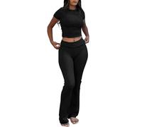 YETOWA Tenue de détente 2 pièces pour femme - Haut à manches courtes - Taille basse - Legging évasé - Ensemble de yoga, Ensemble manches courtes noir, X-Small