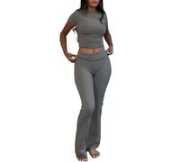 YETOWA Tenue de détente 2 pièces pour femme - Haut à manches courtes - Taille basse - Legging évasé - Ensemble de yoga, Ensemble à manches courtes gris foncé, Medium