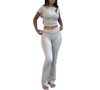 YETOWA Tenue de détente 2 pièces pour femme - Haut à manches courtes - Taille basse - Legging évasé - Ensemble de yoga, Ensemble manches courtes gris chiné, Small
