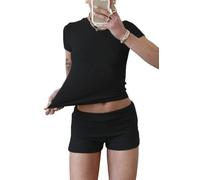 YETOWA Tenue de détente 2 pièces pour femme - Haut à manches courtes - Taille basse - Legging évasé - Ensemble de yoga, Ensemble short : noir, Small