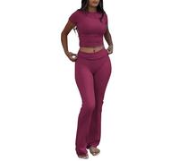 YETOWA Tenue de détente 2 pièces pour femme - Haut à manches courtes - Taille basse - Legging évasé - Ensemble de yoga, Ensemble manches courtes Fuchsia, Large