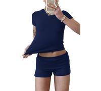 YETOWA Tenue de détente 2 pièces pour femme - Haut à manches courtes - Taille basse - Legging évasé - Ensemble de yoga, Ensemble short : bleu marine, Small