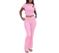 YETOWA Tenue de détente 2 pièces pour femme - Haut à manches courtes - Taille basse - Legging évasé - Ensemble de yoga, Ensemble à manches courtes Rose, Small