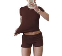 YETOWA Tenue d'entraînement décontractée deux pièces pour femme - Coupe ajustée - Manches courtes - Taille basse - Short pliable - Streetwear, Ensemble short : café, Medium