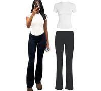 YETOWA Tenues de yoga 2 pièces pour femme : hauts à manches courtes et leggings évasés taille basse, ensemble de survêtement polyvalent de fitness, Haut blanc + leggings noirs, Medium