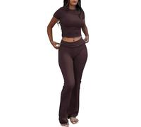 YETOWA Tenues de yoga 2 pièces pour femme : hauts à manches courtes et leggings évasés taille basse, ensemble de survêtement polyvalent de fitness, Ensemble à manches courtes Café, Large
