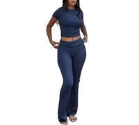 YETOWA Tenues de yoga 2 pièces pour femme : hauts à manches courtes et leggings évasés taille basse, ensemble de survêtement polyvalent de fitness, Ensemble manches courtes bleu marine, Small