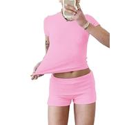 YETOWA Women's Casual Workout Two Piece Outfits Slim Short Sleeve Low Waist Foldover Shorts Tracksuit Sets Streetwear