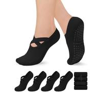 YeuG Lot de 4/6 paires de chaussettes de Pilates pour femme - Chaussettes antidérapantes pour yoga, barre, hôpital, pieds nus, 4 sangles croisées C04 noires, Small-medium