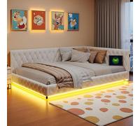 Yeutre Canapé lit 140x200 cm, Canape Lit Rembourré avec éclairage LED et Charge USB, lit Banquette 2 Places Multifonction avec Sommier à Lattes, sans Matelas (Beige Teddy, 140 x 200 cm)