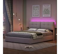 Yeutre Lit Coffre 160x200 avec Sommier et Rangement, Lit 2 Personnes, Cadre de Lits Double Capitonné avec éclairage LED et tête de lit, Velours, sans Matelas (Beige 1, 160 x 200 cm)