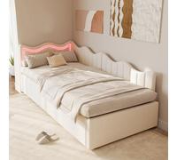 Yeutre Lit Coffre 90x200 cm, Canapé Lit 1 Place avec Rangement Hydraulique et Lumière LED, Canapé Lits Enfant Rembourré Multifonction Lits Banquette avec Sommier à Lattes, Velours Teddy, Blanc