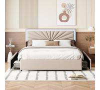 Yeutre Lit Double 160 x 200 cm avec 4 Tiroirs Lits 2 Personnes avec tête de lit LED réglable en Hauteur Lits Adulte avec sommier à Lattes en Bois(sans Matelas) (Beige, 160 x 200 cm)