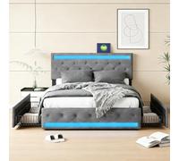 Yeutre Lit Double Rembourré 140x190 avec Éclairage LED et USB, Lit Coffre 140x190 avec 4 Tiroirs Rangement et Tête de Lits Capitonné, Cadre de Lits 2 Place avec Sommier pour Adultes et Adolescents