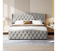 Yeutre Lit Double Rembourré 140x200 avec Coffre, Lit Deux Personnes avec Coffre de Rangement Hydraulique, Tête de Lits Capitonné, Sommier à Lattes, Cadre de Lits pour Adultes et Ado, Velours (Gris)