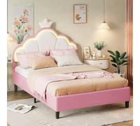 Yeutre Lit Double Rembourré 140x200, Lit Princesse Fille 2 Personne avec Tête de Lits LED Réglable en Hauteur en Forme de Couronne, Sommier à Lattes, Lits Enfant pour Fille Adolescent, PU