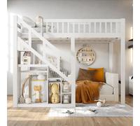 Yeutre Lit Mezzanine 140x200 cm Multifonctionnel Lit Superposé Enfant avec Escalier de Rangement et Barrière de Sécurité Lit Mezzanine 2 Place avec clôture Haute (sans Matelas) (Blanc, 140 x 200 cm)