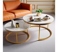 Yeutre Lot de 2 Table Basse Gigogne Ronde, Table Basse Salon Moderne, Table d'appoint avec Cadre en Métal, 80 x 80 cm et 60 x 60 cm (Blanc et Doré B)