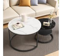 Yeutre Lot de 2 Table Basse Salon Ronde, Table Basse Gigogne Moderne avec Espace de Rangement, Table d'appoint avec Cadre en Métal, 70 x 70 cm et 45 x 45 cm (Blanc et Noir A)