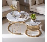 Yeutre Lot de 2 Table Basse Salon Ronde, Table Basse Gigogne Moderne avec Espace de Rangement, Table d'appoint avec Cadre en Métal, 70 x 70 cm et 45 x 45 cm (Blanc et Doré)