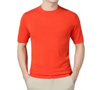 Yeuyyben Chemise à col rond pour homme - Couleur unie - Manches courtes - Pull d'été en laine tricotée - T-shirt moulant, Orange, M