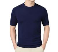 Yeuyyben Chemise à col rond pour homme - Couleur unie - Manches courtes - Pull d'été en laine tricotée - T-shirt moulant, bleu marine, M