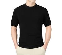 Yeuyyben Chemise à col rond pour homme - Couleur unie - Manches courtes - Pull d'été en laine tricotée - T-shirt moulant, Noir , M
