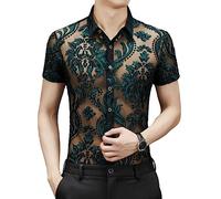 Yeuyyben Noir Voir À Travers La Chemise pour Hommes Sexy À Manches Courtes Fleur Résille Dentelle Tops Bleu