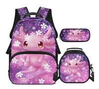Yexignaon Axolotl Sac à dos pour filles avec boîte à déjeuner 3 pièces pour filles - Sac à livres pour filles - Cadeau pour la rentrée scolaire primaire, Axolotl, Sacs à dos de jour