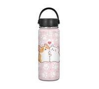 Yexignaon Bouteille d'eau rose en acier inoxydable de 500 ml avec poignée et couvercle pour enfants, motif chien et chat Kawaii