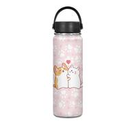 Yexignaon Bouteille d'eau rose en acier inoxydable de 550 ml avec poignée et couvercle pour enfants, motif chien et chat Kawaii