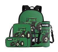 Yexignaon Sac à dos 4 pièces pour garçons de 8 à 12 ans avec boîte à déjeuner et sac à livres de 43,2 cm pour l'école primaire, cadeaux pour la rentrée scolaire pour enfants, Tracteur personnalisé