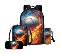 Yexignaon Sac à dos d'école primaire pour garçons avec sac à déjeuner de 43,2 cm, ensemble de 4 sacs à dos de voyage pour enfants, Fire Baseball, Sac à dos daypack