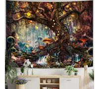 YEXIT Tapisserie Murale Décoration Murale de Contes de Fées avec Forêt Magique, Arbre de Vie Naturel avec Elfes, à Suspendre pour Salon, Chambre à Coucher, Rouge, 152,4 x 203,2 cm