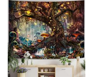 YEXIT Tapisserie Murale Décoration Murale de Contes de Fées avec Forêt Magique, Arbre de Vie Naturel avec Elfes, à Suspendre pour Salon, Chambre à Coucher, Rouge, 152,4 x 203,2 cm