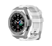 yeziu Kit de modification de luxe pour Samsung Watch 4 Classic 46 mm, coque en alliage, bracelet en caoutchouc(White-Silver)