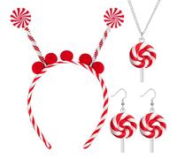 Yezmo 4PCS Candy Cane Headband Set, Accessoires De Costume De Sucette Avec Bandeau En Sucre D'orge Boucles D'oreilles Collier Pour Femmes Filles (Rouge)