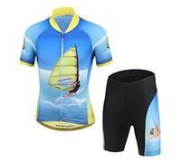YFCH Maillots de Cyclisme + Cuissard Garçon Fille 2 Pièces Enfant Jersey Manche Courte Tenue de Vélo VTT Été, Bleu-Jaune, 7-8 Ans