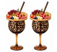 Yfjyxen Leopard Print Wine Glass & Snack Charcuterie Set, 20 Oz Stemmed Glasses with Drinkware Topper Snacks Tray Straw Party Cocktail Goblet for Home Bar Hostess Girls Night Birthday(2pack)