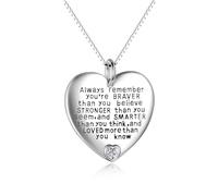 YFN Collier avec pendentif en forme de cœur en argent sterling avec inscription « Always Remember You are Braver Than You Believe » - Cadeau inspirant (argent)