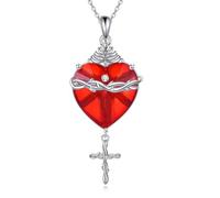 YFN Collier en argent pour femme - Pendentif en forme de cœur sacré rouge - Bijou religieux - Cadeau de baptême chrétien - Première communion - Cadeau pour mère, épouse